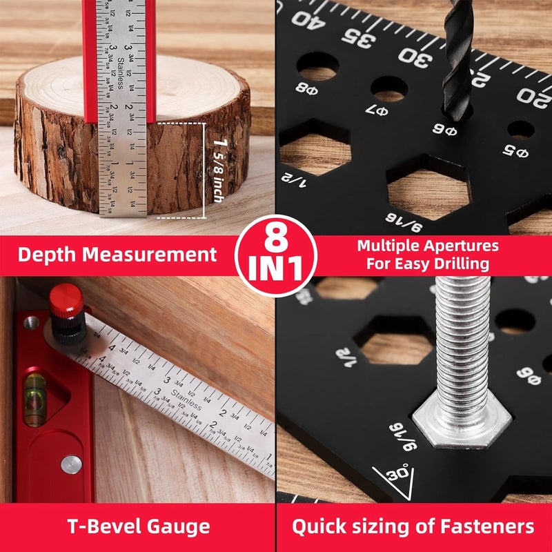 RONGPRO 8 in 1 Rafter Square with Carpenter Pencil, Multi-Purpose Carpenter Square Tools: Square, Protractor, Steel Ruler, MarkingGauge, T-Bevel Gauge, Bubble Level - Image 5